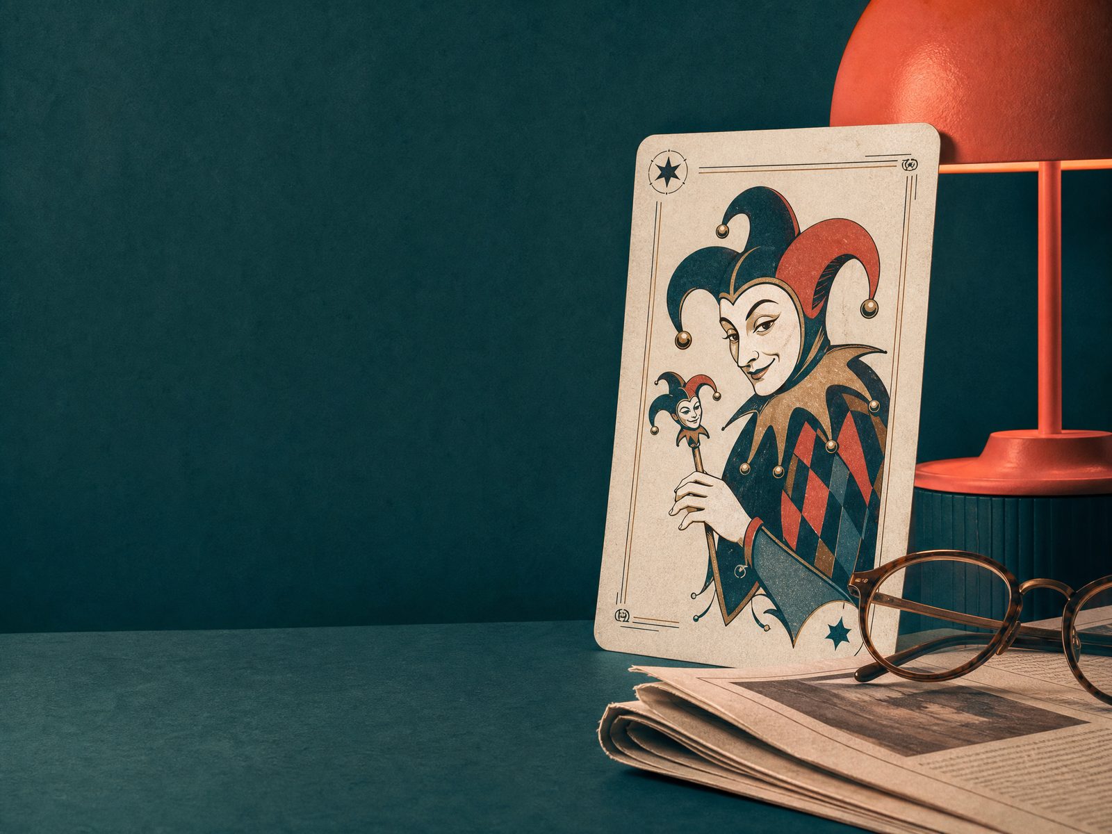 A vintage joker playing card leaning against a lamp beside a folded newspaper