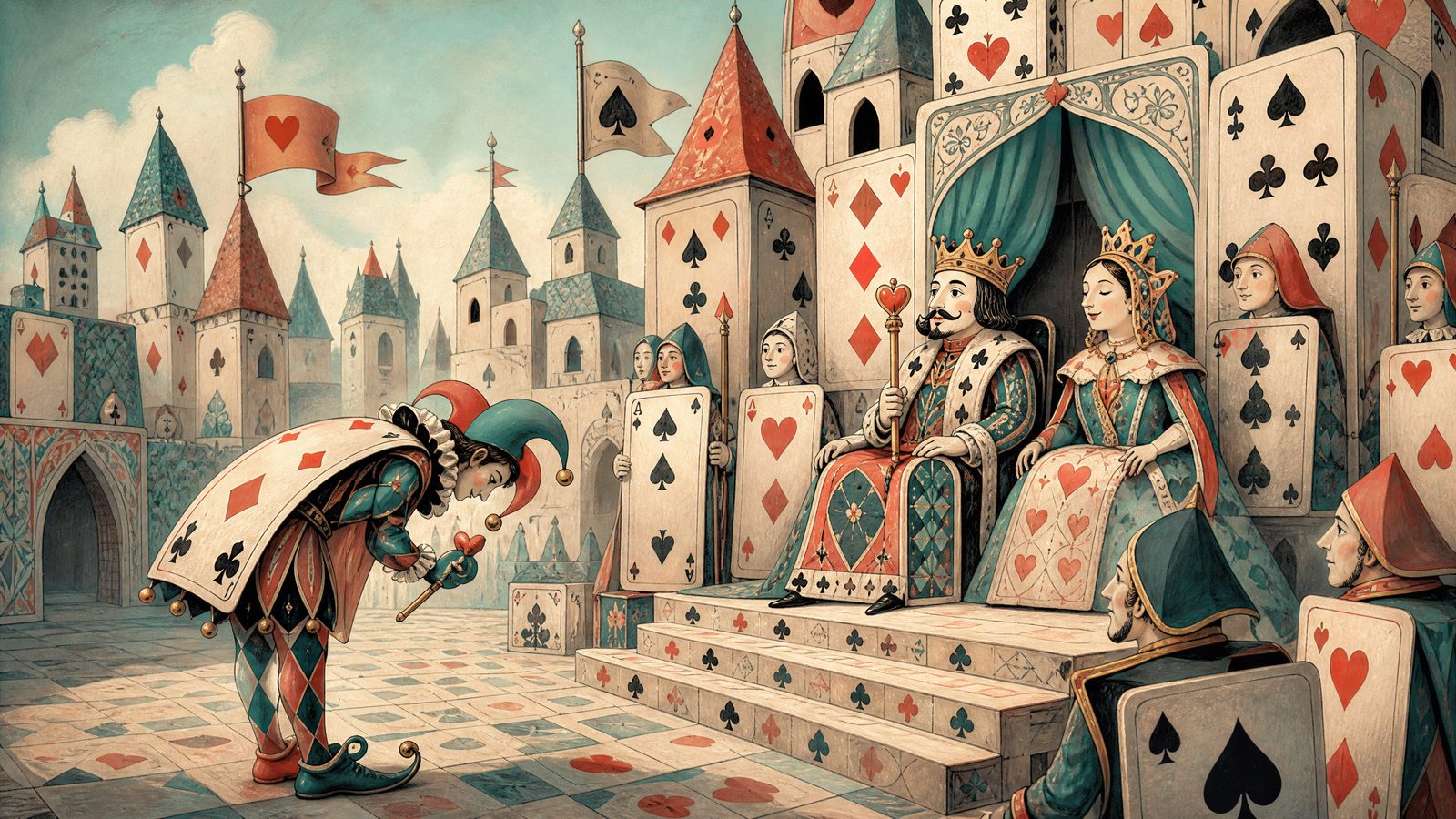 A storybook court scene built from playing cards with a bowing jester