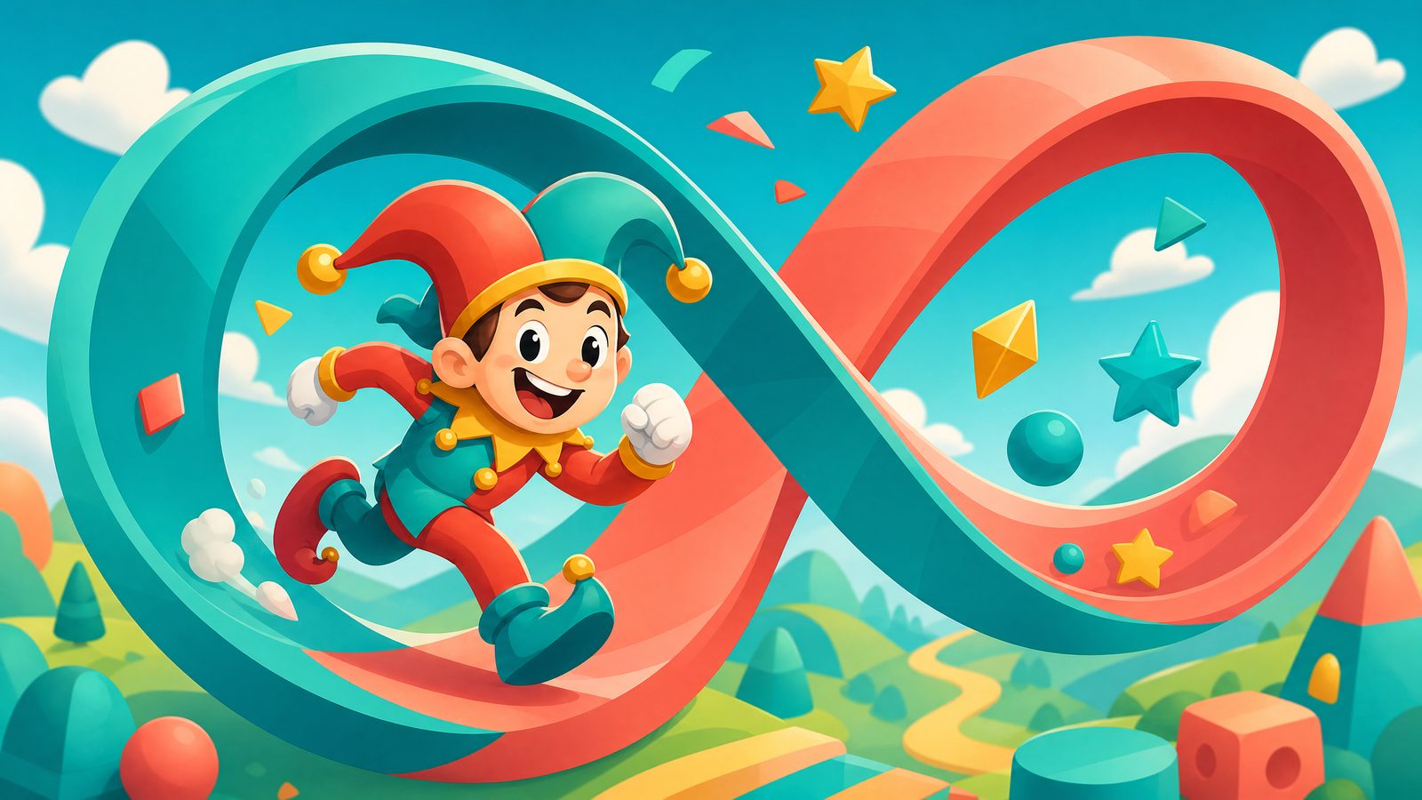 Cartoon jester running along an infinity-shaped ribbon track