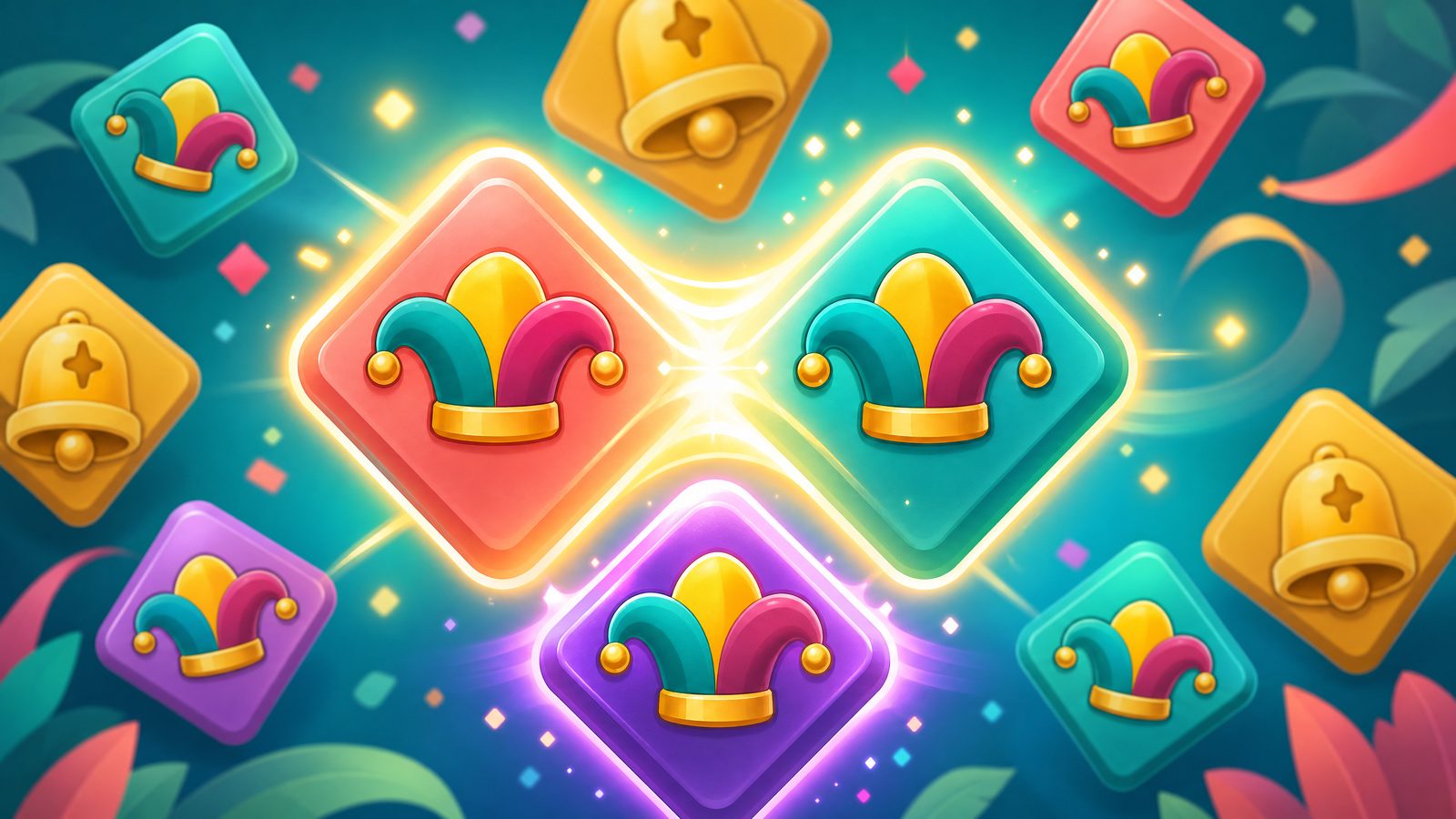 Diamond tiles with jester hats and bells merging with a glow