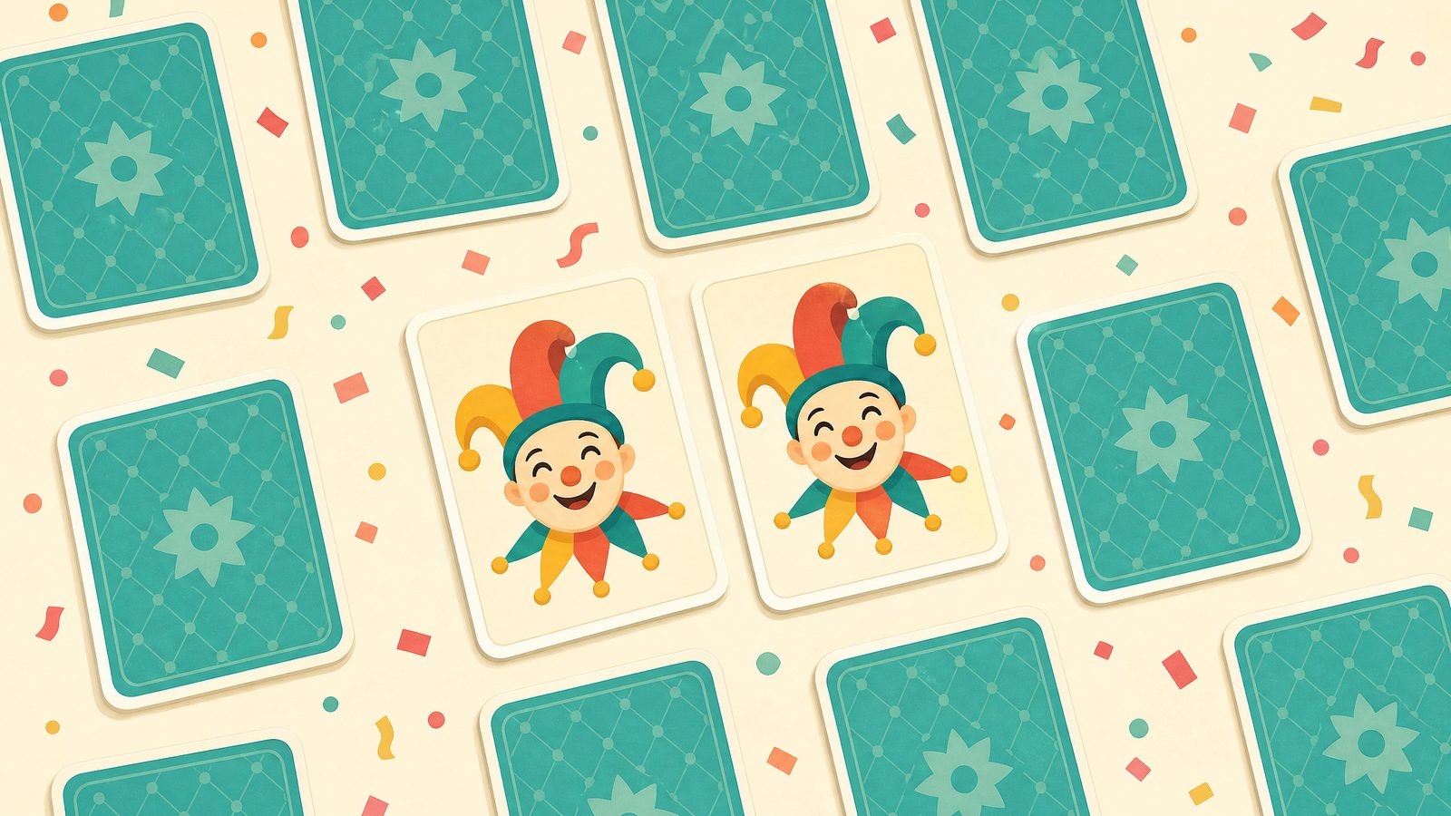 Two matching jester cards revealed on a cream board among face-down cards