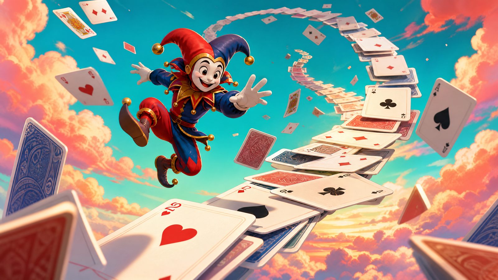 A jester leaping along a winding path of flying playing cards at sunset